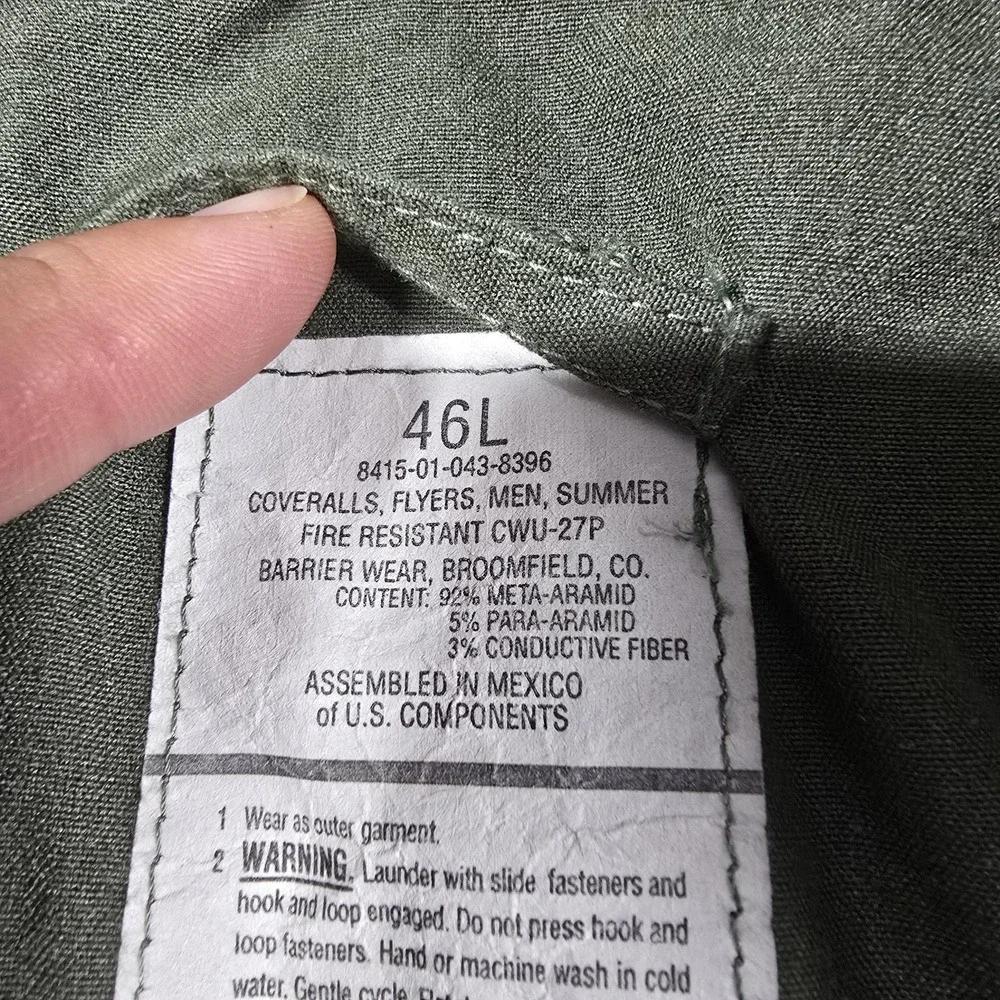 Barrier Wear CWU-27P‎ Coveralls Mens 46L Green Aramid Fire Resistant Military